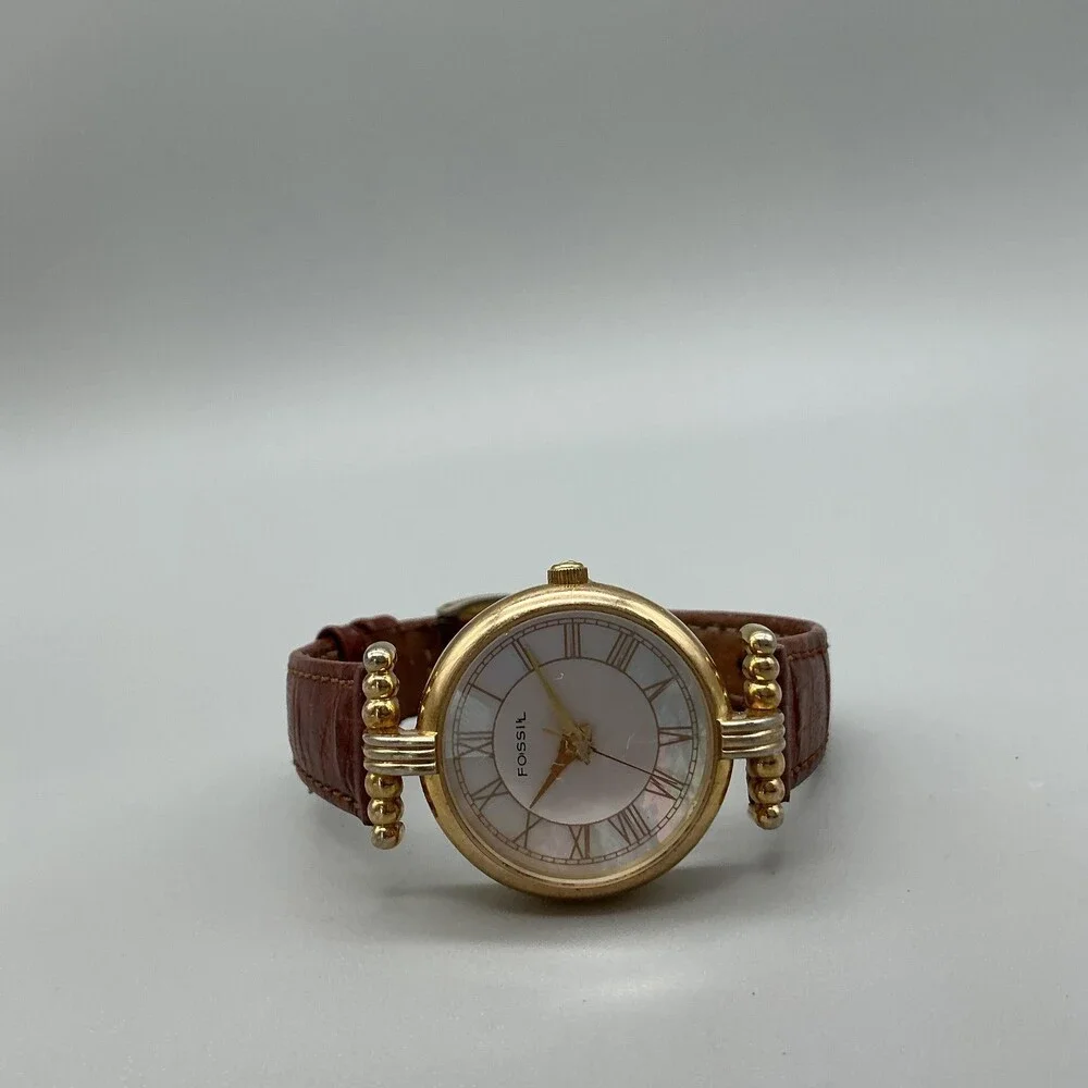 Vintage Fossil PC-9211 Womens Watch 27mm MOP Rivoli Brown Leather New Battery